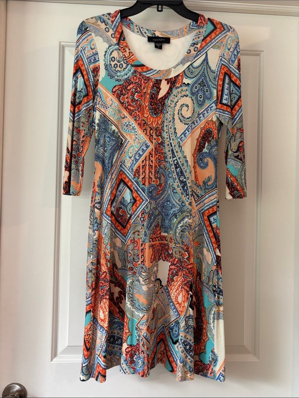 Karen Kane Teal, Coral and Blue Paisley A-Line Dress